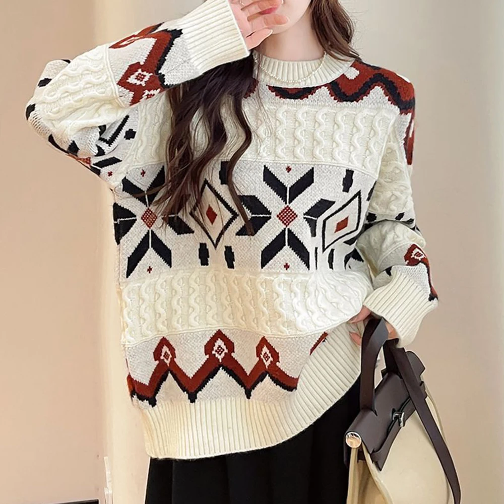 

2025 winter sweater women's super good-looking retro style pattern loose round neck pullover lazy style advanced sense