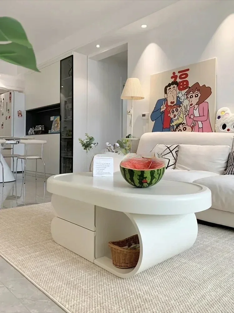 A  LCream wind coffee table living room small apartment rock slab biscuits light luxury high sense minimalist