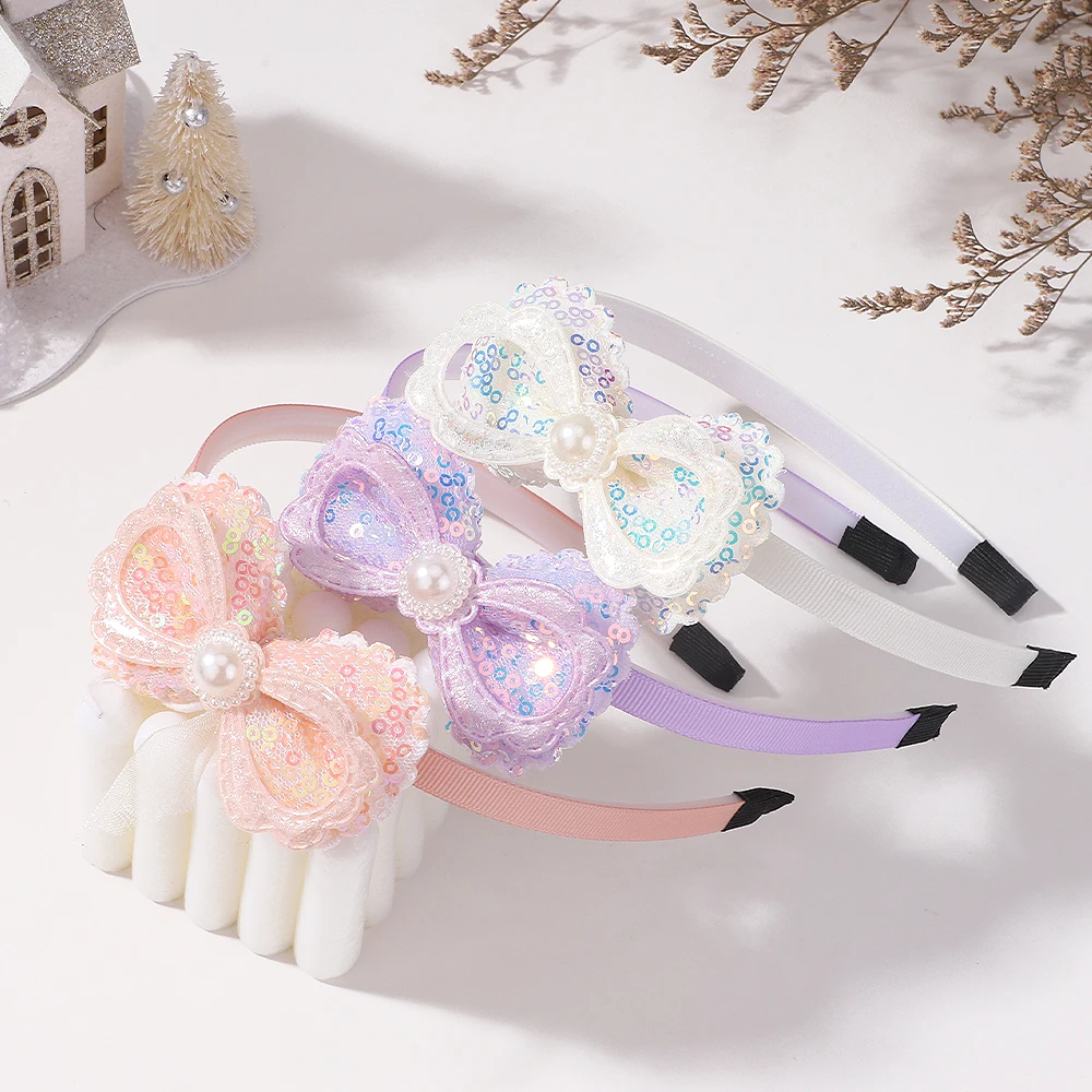 Wholesale Children Hair Accessories Lovely Shiny Headband Bows Hairhoop for Girl Exquisite Simulated Pearls Bow Headwear