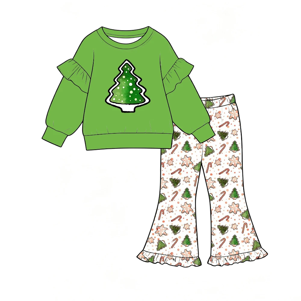 Christmas Girl Outfit Long Sleeve Flared Pants Set Star Candy Print Winter Clothing For Kids Boutique Children's Set 3