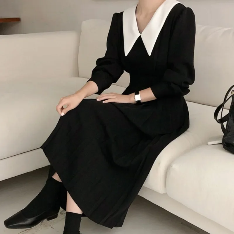 Korobov Korean Chic Vintage Elegant Office Lady Women Dress 2024 Autumn Winter Hit Color Patchwork Dresses Black Vestidos Femme