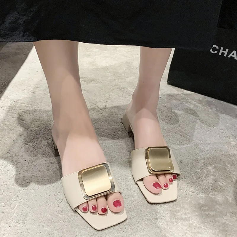 High Heel Sandals Summer New Square Head Metal Buckle Thick Heel Shoes Drag Light Lazy Flip-flops