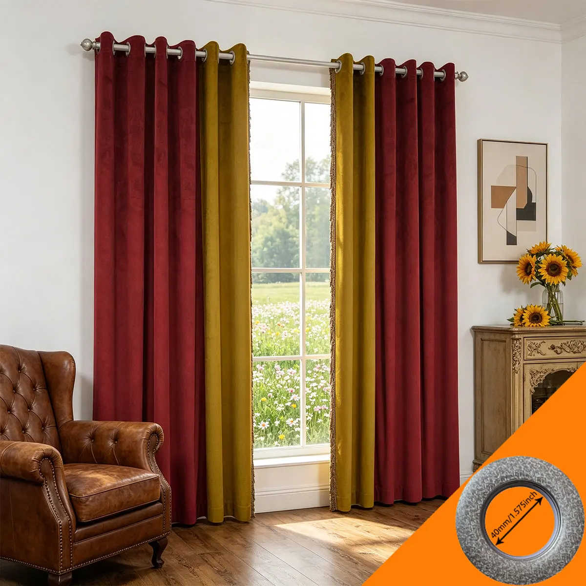 

2 Panels Red & Gold Velvet Blackout Curtains, Modern Luxury Thermal Drapes for Living Room