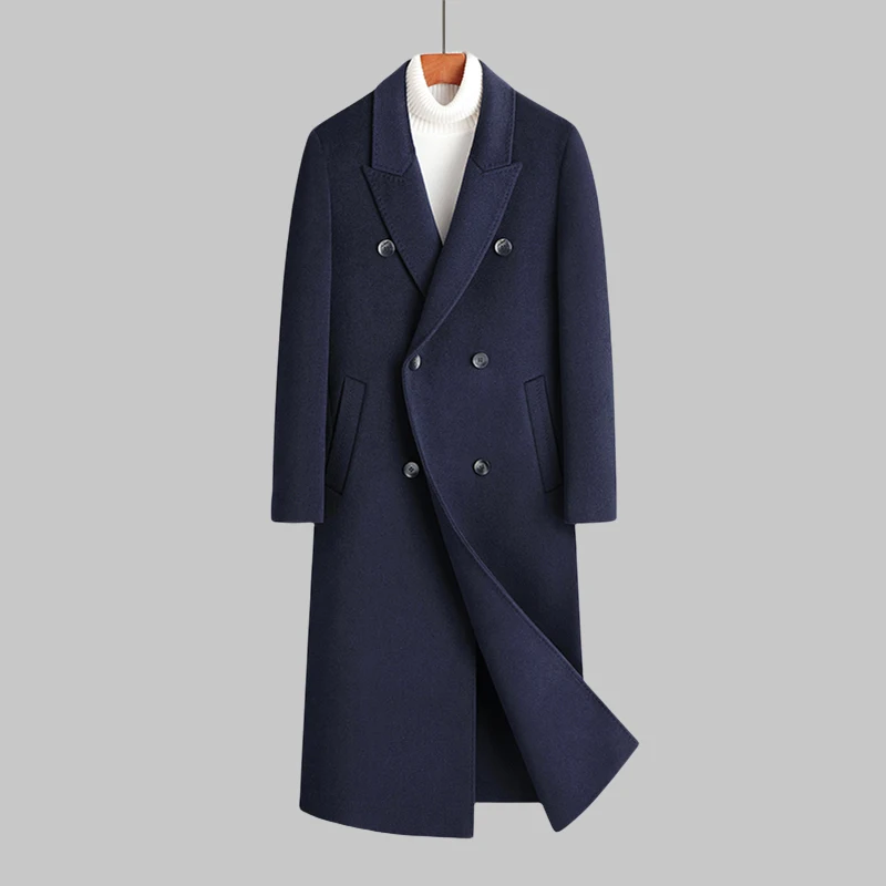 

Over Knee 100% Wool Coats Men's 2024 Winter Business Casual Top Long Woolen Overcoat Outwear Solid Loose Warm Windbreaker Jacket