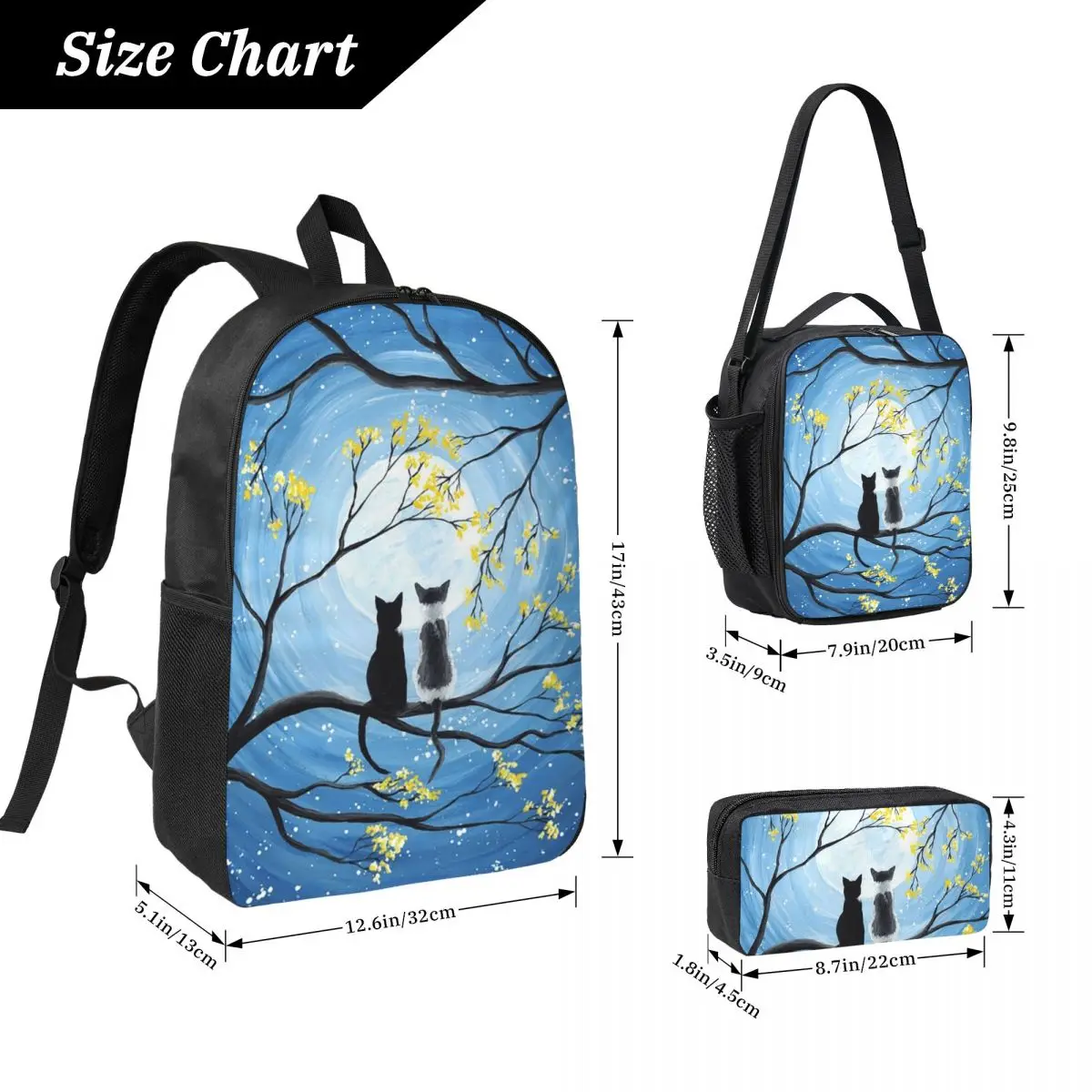Cats Watching The Night View Of The Moon Backpack BookBag School Bag Computer Shoulder Bags 3ps Insulated Lunch Bag Pencil Case