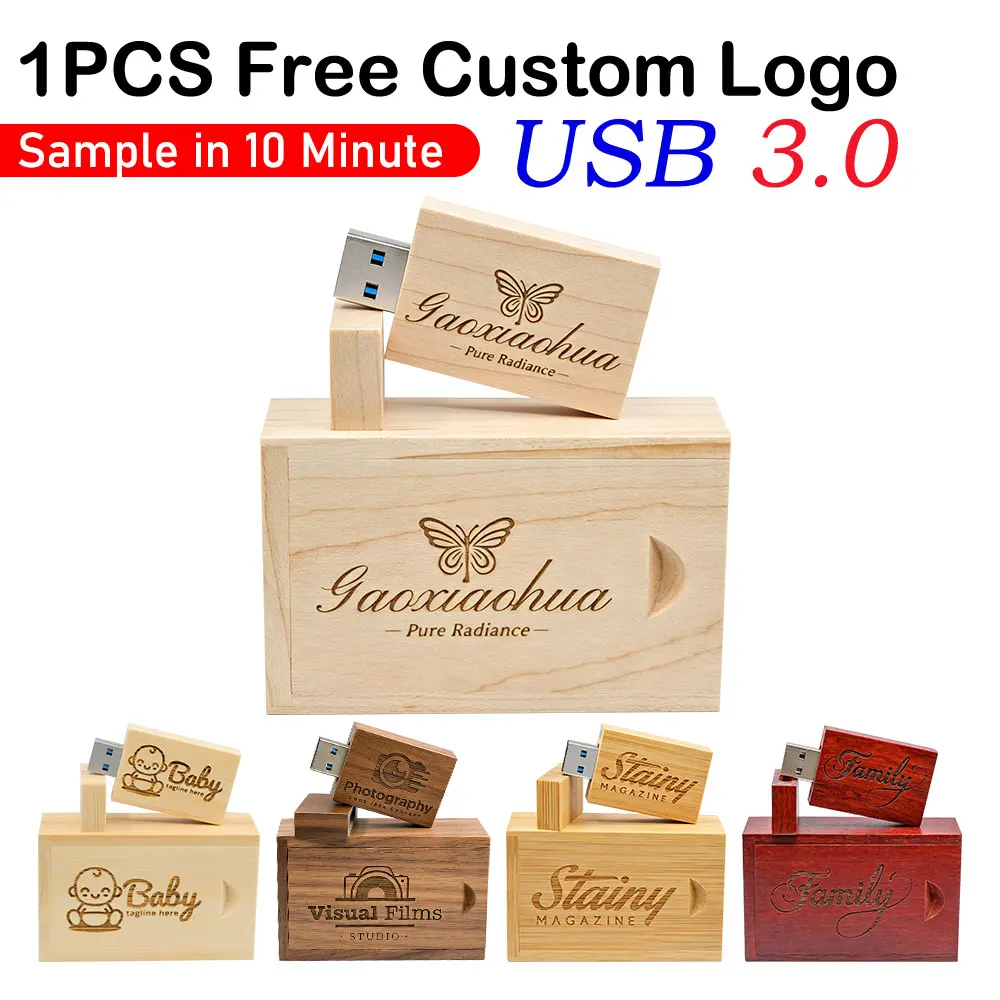 

Free custom logo 3.0 USB flash drives 4GBWooden box Memory stick Pen drive Square wood pendrive 128GB 64GB Creative wedding gift