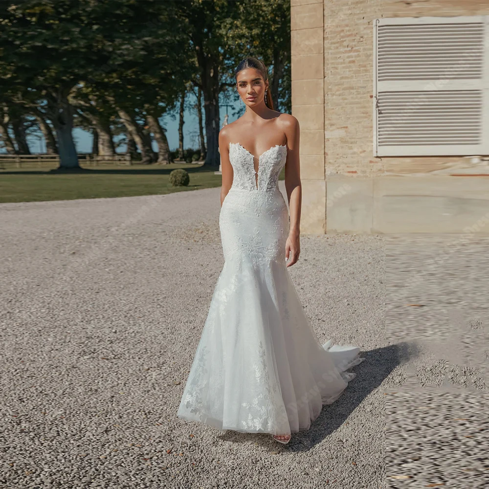 فساتين زفاف حورية البحر الساحرة للنساء بياقة على شكل قلب مزينة بالدانتيل فساتين زفاف مأدبة فيستدوس دي نوفيا مخصصة