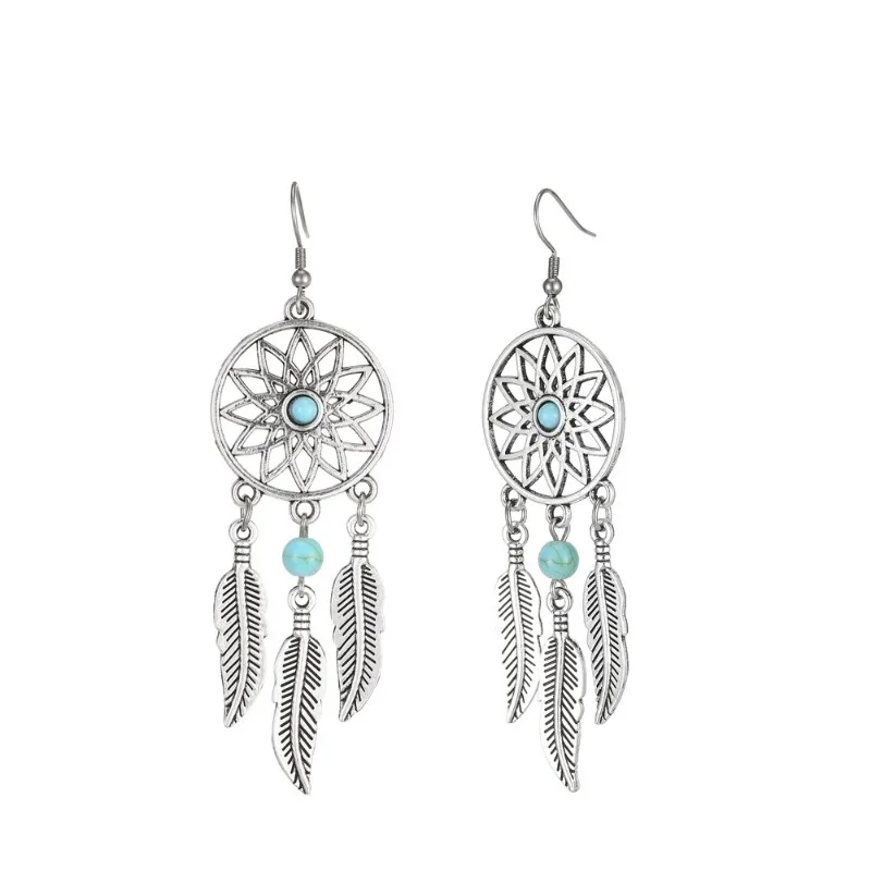 1 Pair Women Vintage Bohemian Style Gem-stone Feather Hollow Out Dangle Earrings Dream Catcher Drop Earrings For Women
