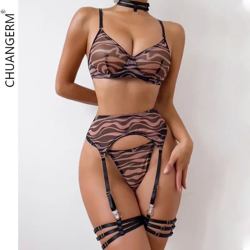 

CHUANGERM Sexy Lingerie Lace embroider Fluoroscopy Erotic set floral embroidery see-through sexy color clashing strappy lingerie