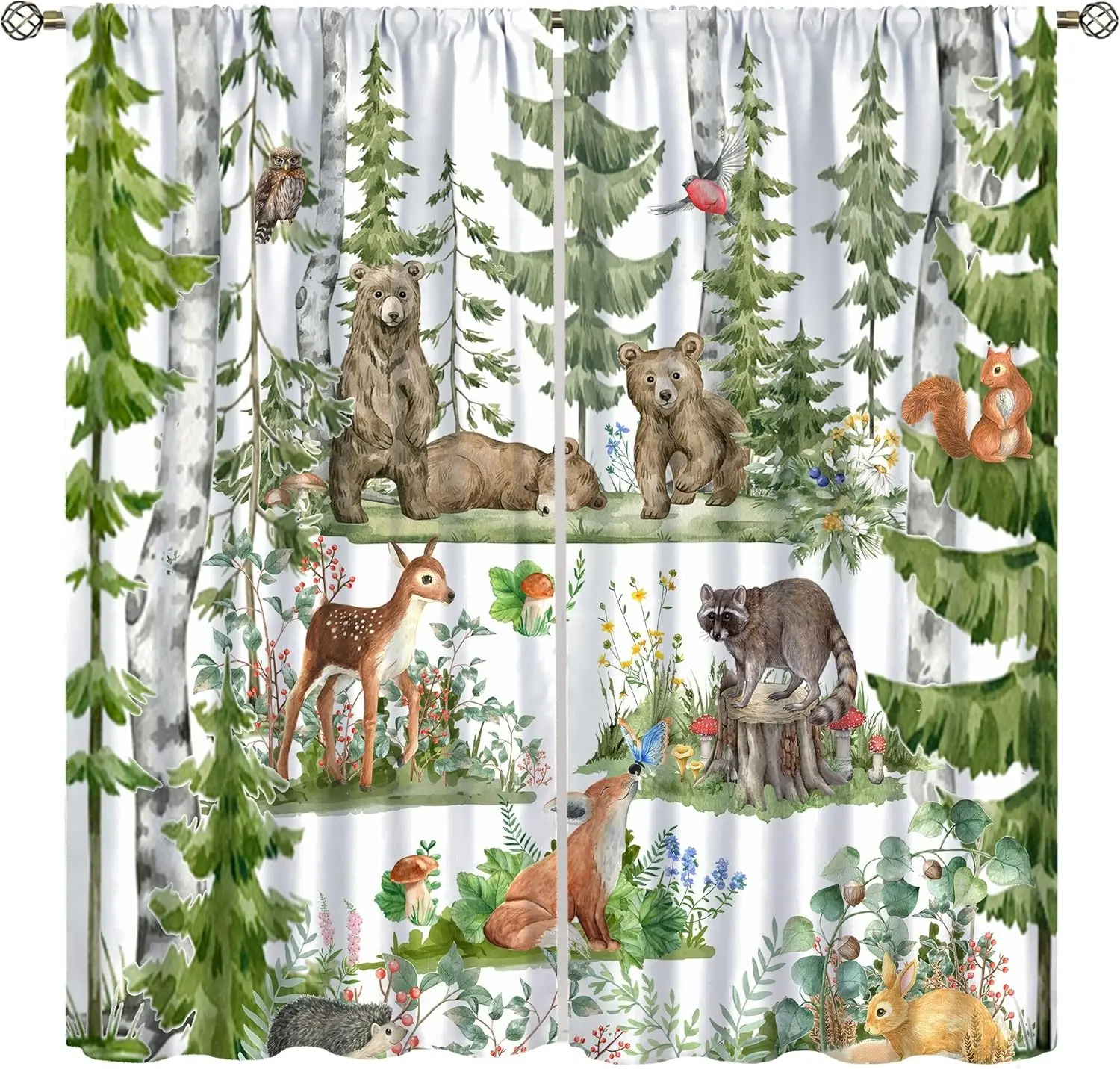 Forest Animal Curtains for Kids,Watercolor Wild Animal Bear Fox Deer Kids Green Woodland Tree Window Treatments for Nursery Baby