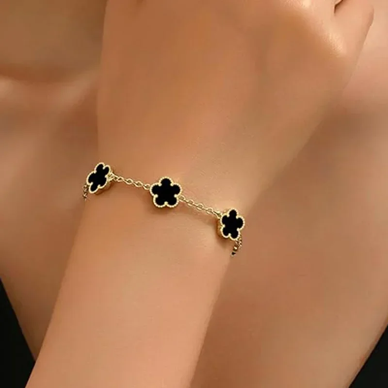 Lucky Clover Women\'s Hand Bracelets Double Sided Flowers Jewellery Gifts Stainless Steel Bracelet Gold Plated Bracelets Man