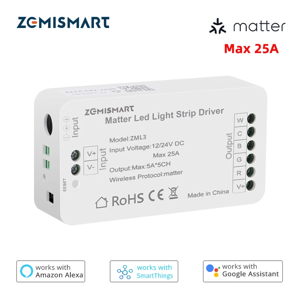 Matter Over WiFi Led Strip Light Controller Max 25A RGBCW LED Driver Support SmartThings Alexa Google Home APP Remote Control