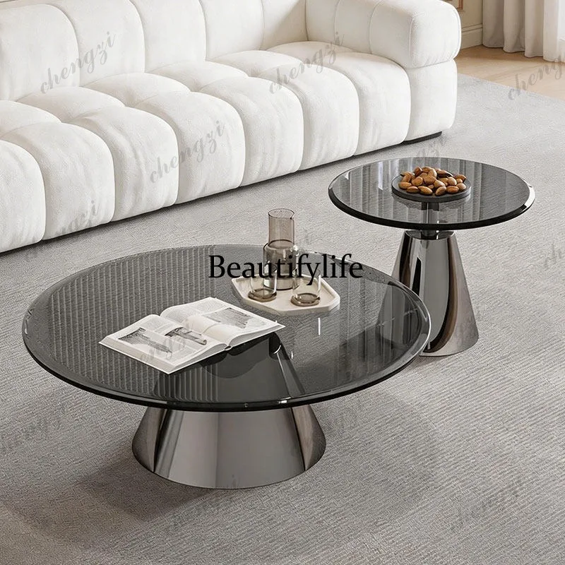 Italian minimalist round tempered glass coffee table modern light luxury stainless steel personalized small coffee table