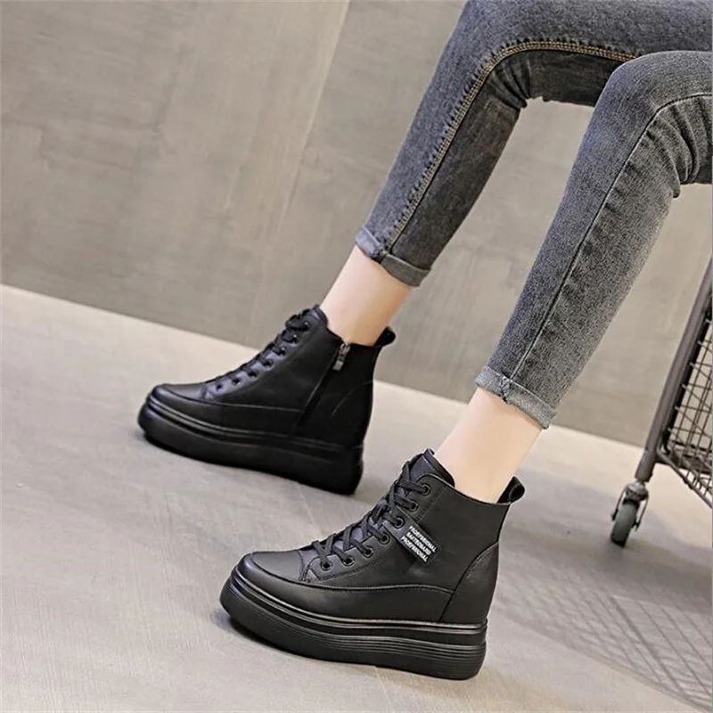 Women 8cm Platform Wedge Sneakers Black Shoes Spring Autumn Genuine Leather Footwear Keep Warm Fashion Sneakers Winter Shoes New