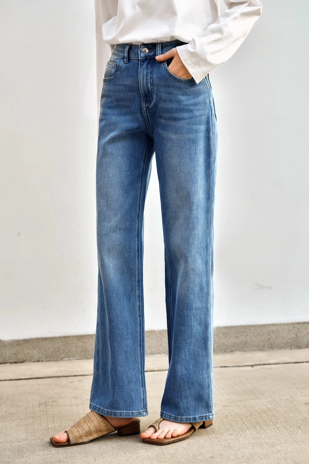 

OLrain Retro Blue Jeans Woman 2025 Spring Summer Solid Straight-leg Pants Cotton Elastic Office Wear Female Trousers N57CA96155