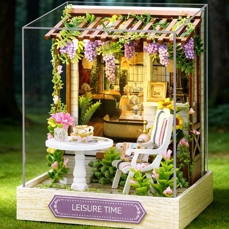 Kit de Casa de Muñecas Giratoria DIY con Luces LED, Casa de Madera en Miniatura, 4 Estilos: Magia Lunar, Tiempo de Postres, Tiempo Libre, Decoración del Hogar