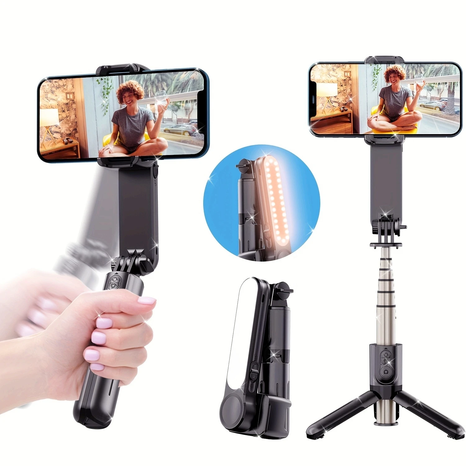 Smartphone Gimbal Stabilizer Portable Selfie Stick Tripod with Auto Rotate Balance Remote Wireless for IPhone Android Phone