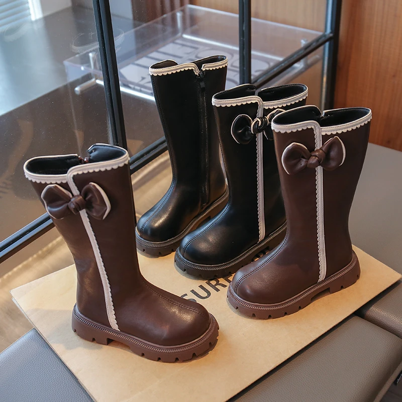 

Длинные сапоги принцессы для девочек, детские модные кожаные сапоги с круглым носком и мягкой подошвой, детские высокие сапоги с бантом, новинка зимы 2023 г.