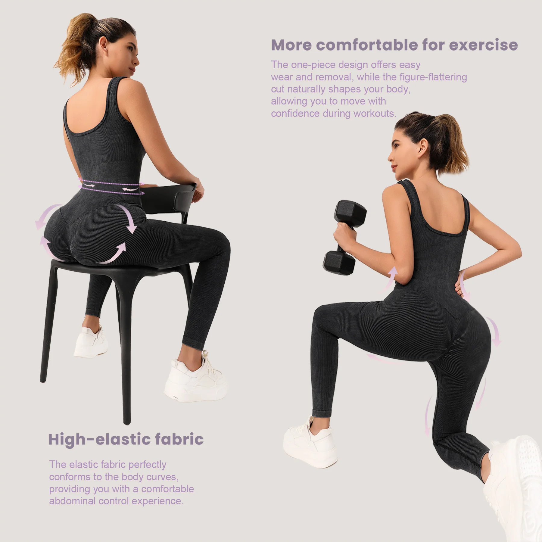 Bezszwowy kombinezon do jogi bez rękawów, wiązany z przodu, prążkowany, modelujący sylwetkę, z wysokim stanem, elastyczny w 4 kierunkach, odzież sportowa do ćwiczeń na siłowni.