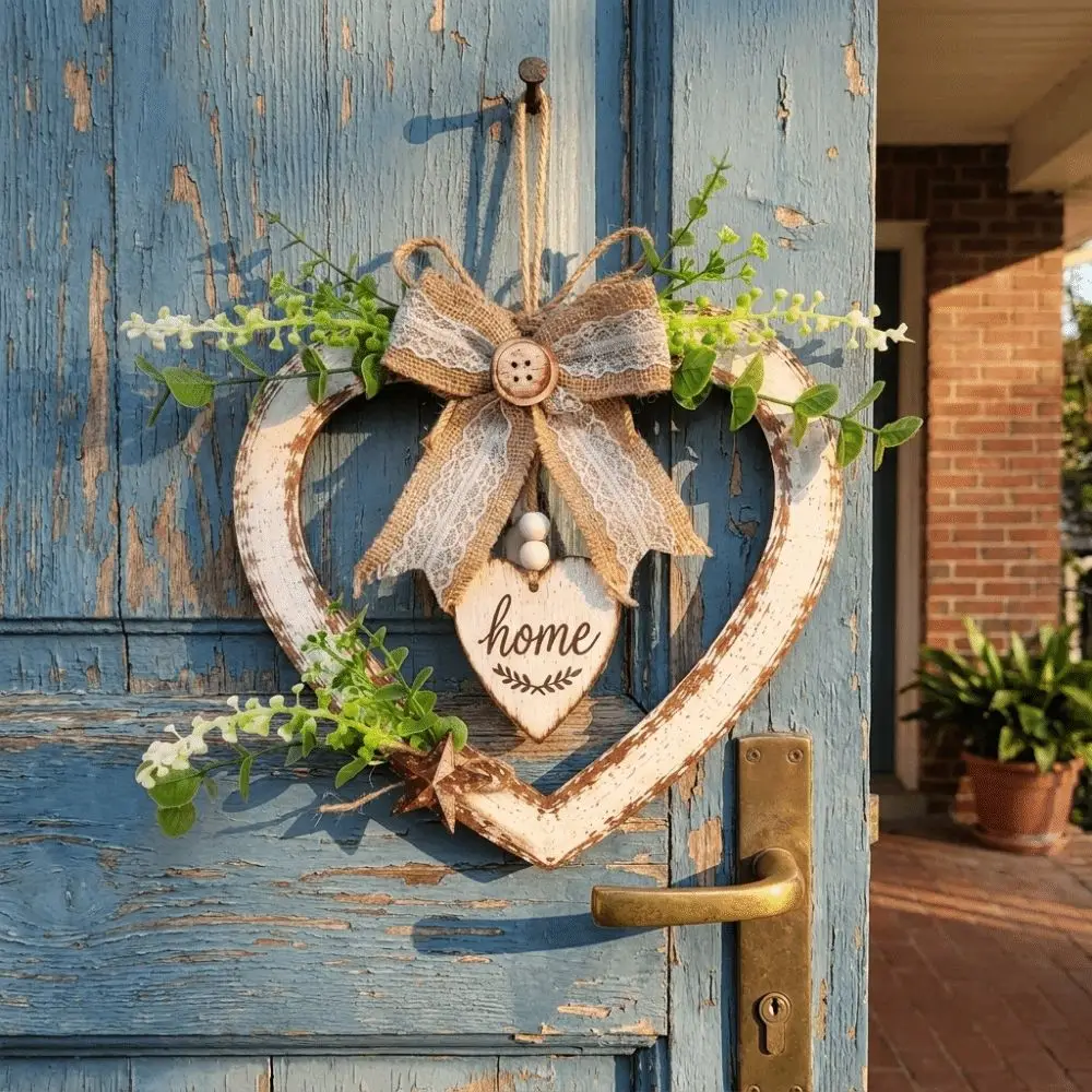 Vintage Heart Shaped Wall Decor Romantic Artificial Plant Wall Hanging Sign Rustic Bow Knot Home Wooden Wreath Farmhouse