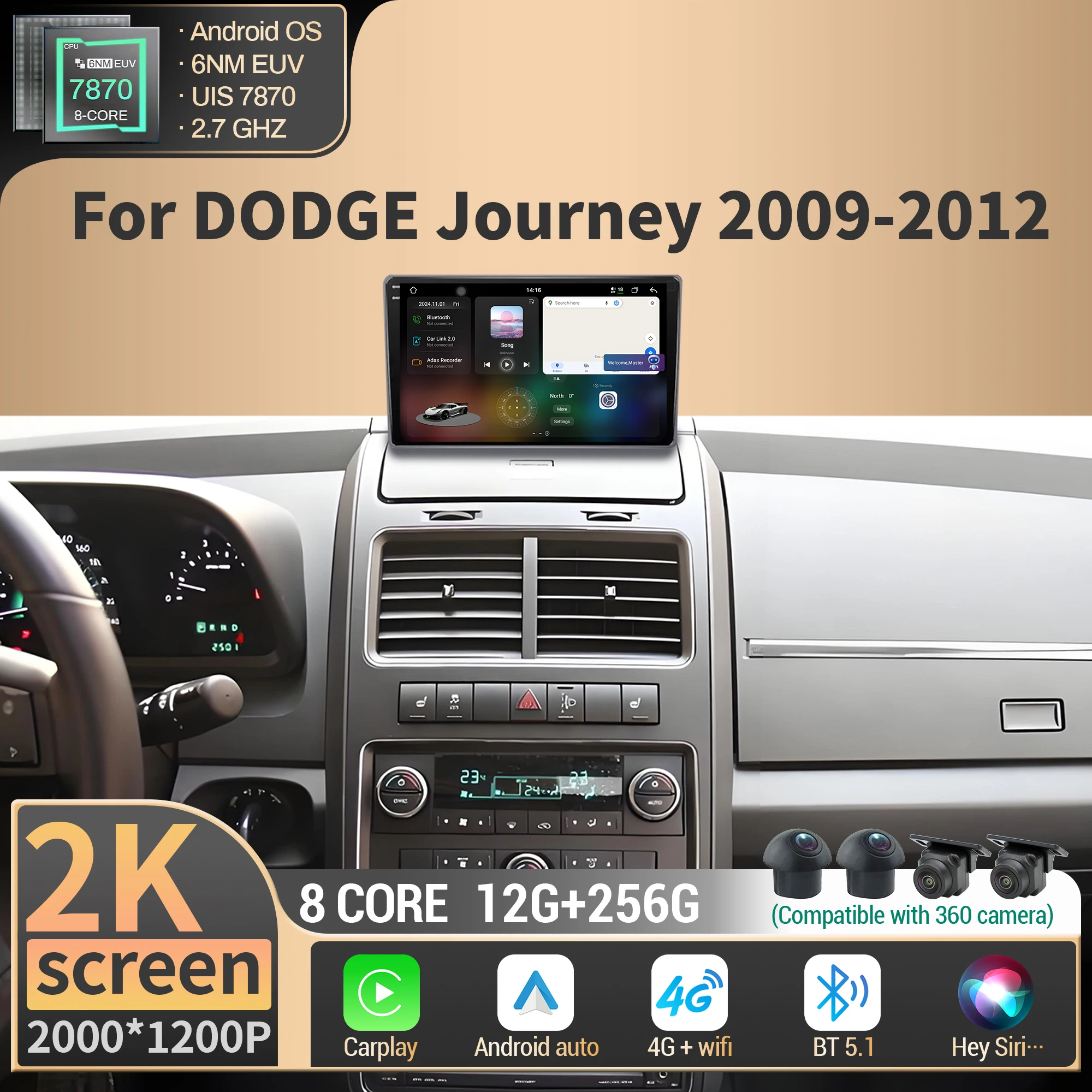 

For DODGE Journey 2009-2012 Android Car Radio Multimedia Navigation Wireless BT Carplay 4G GPS CPU 7870 Touch 2K QLED Screen