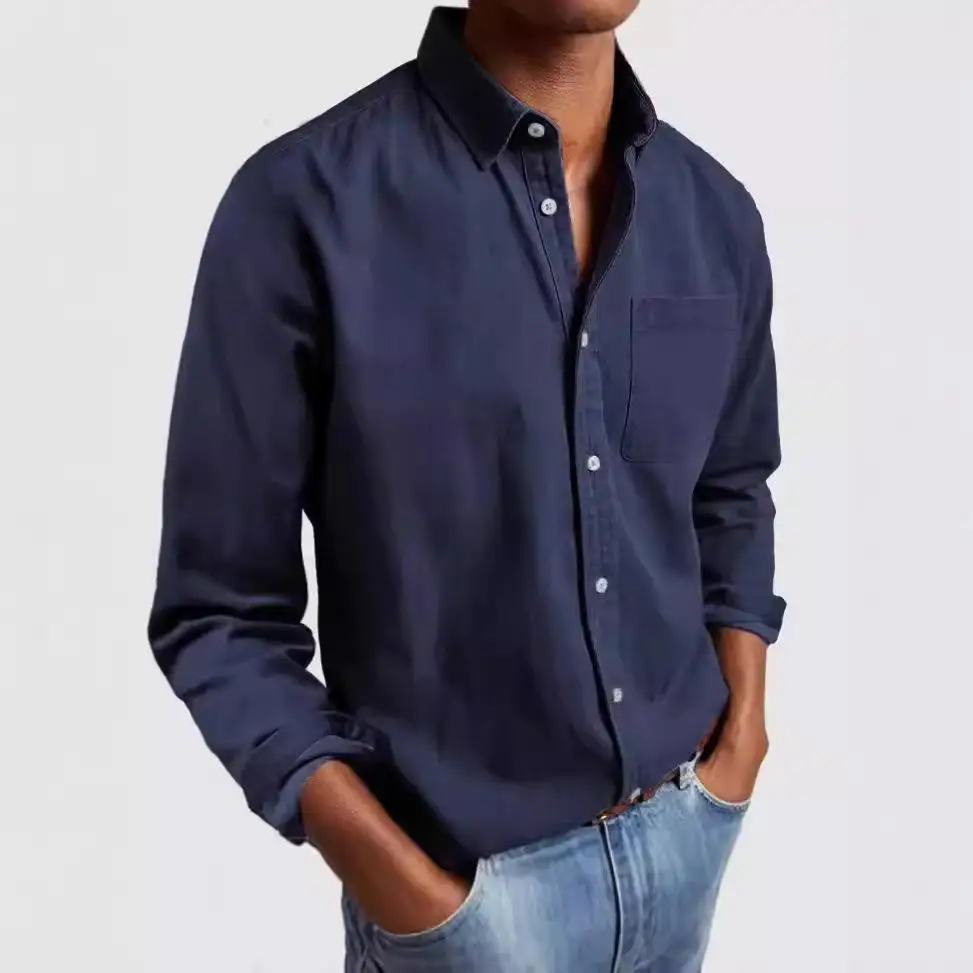 남성용 긴 소매 칼라 셔츠 폴리에스테르 섬유 포켓 디자인 유럽 스타일 단색 캐주얼웨어 젊은 남성과 여성용