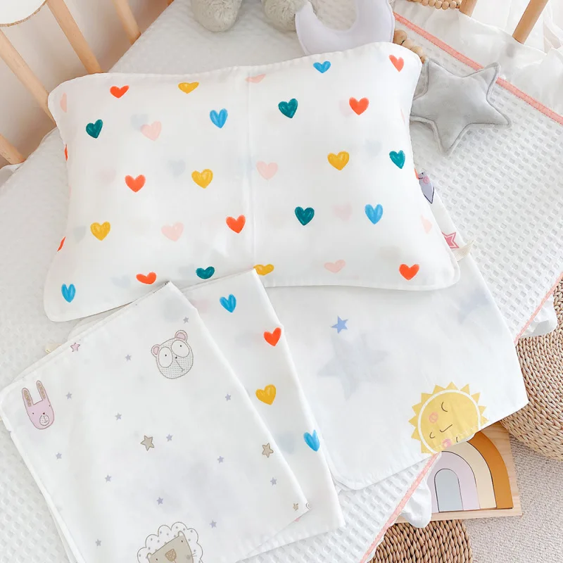 Newborn Pillow Towel Pure Cotton Soft Skin Breathable Baby Sleep Anti-vomiting Pillow Protective Pad Cartoon Crib Bedding