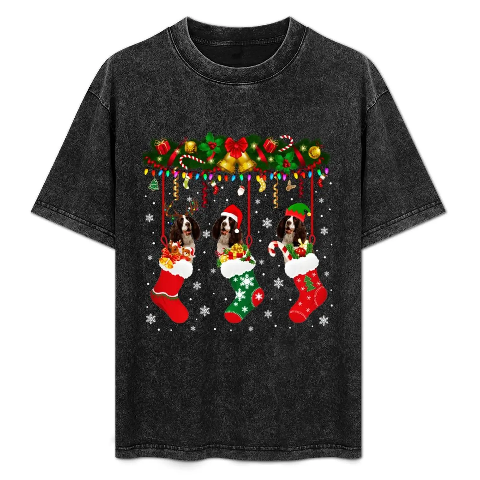 

English Springer Spaniel In Sock Xmas Reindeer Santa ELF Dog T-Shirt Large Size Breathable Tee