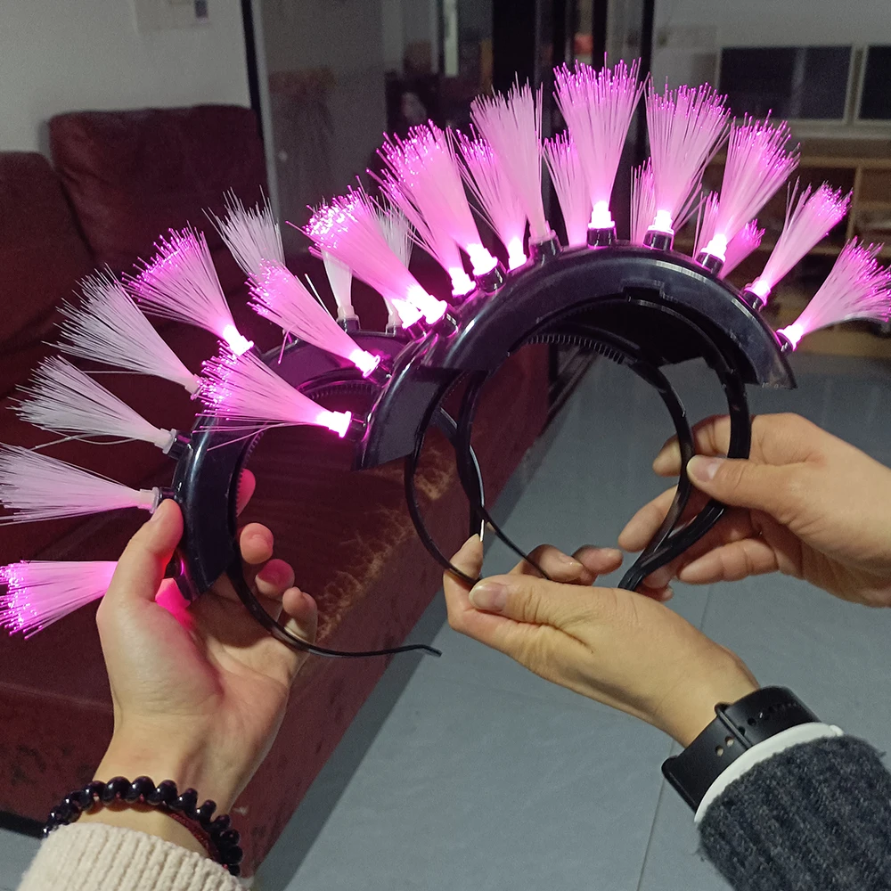 Halloween Flashing LED Fiber Optic Mohawk Headband Neon Glow Spiky Hair Band Punk Style Headwear Halloween Party Cosplay