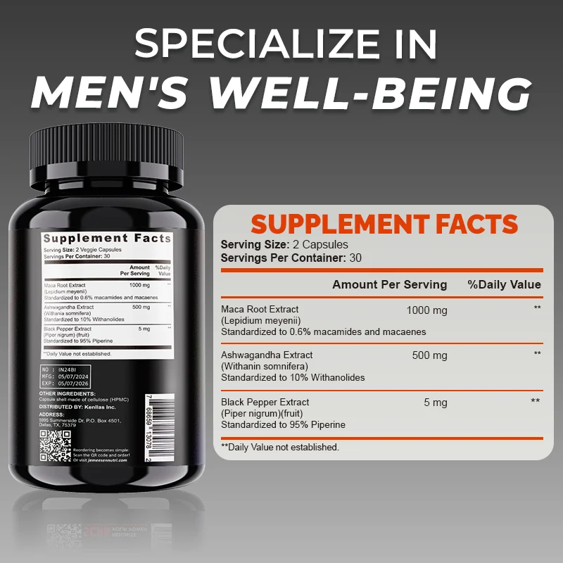 อาหารเสริมชายออร์แกนิกธรรมชาติพร้อมมาคาดํา,Ashwagandha1500Mg,อาหารเสริมเพื่อสุขภาพ,พลังงานและความอดทน
