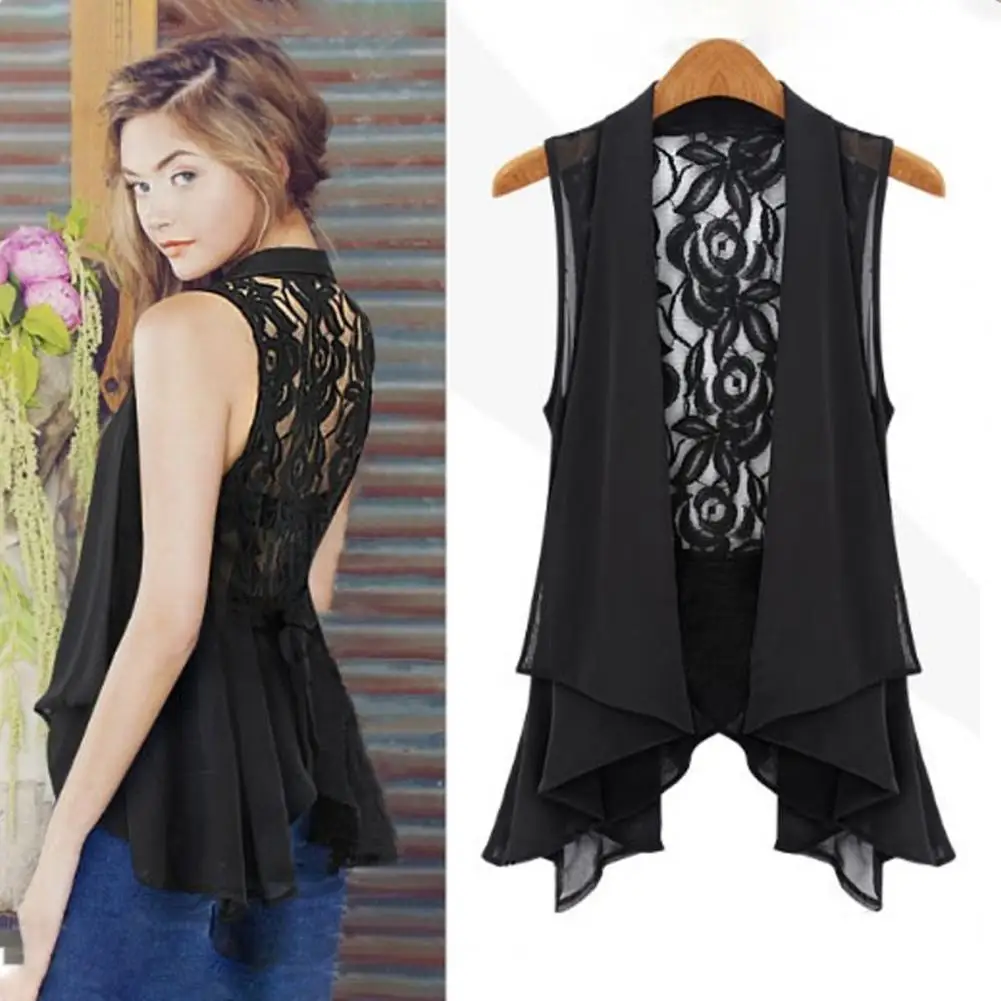 Women Chiffon Coat Back Embroidery Lace Floral Chiffon Vest Top Scarf Collar Sleeveless Irregular Draped Hem Lace-up Vest Jacket