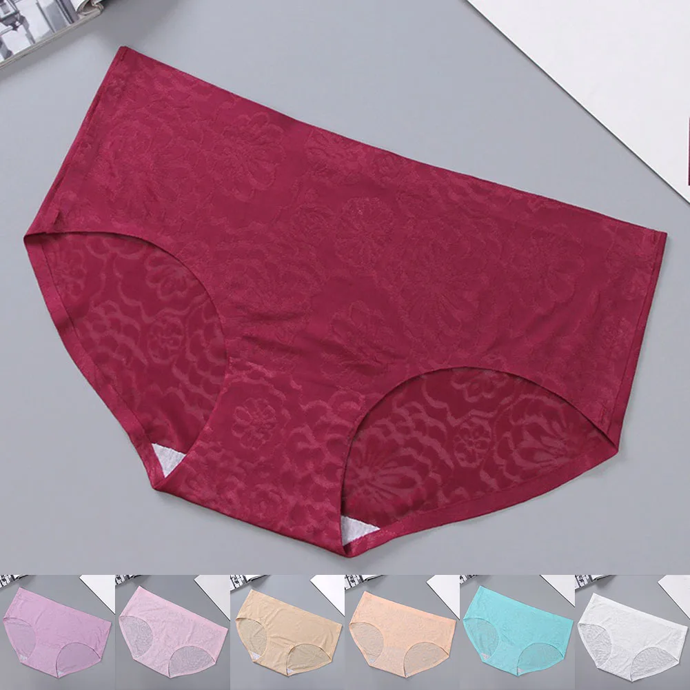 Ice Silk Seamless Brief Women Ladies Sexy Jacquard Menstrual Leak Proof Underwear Underpant Solid Color