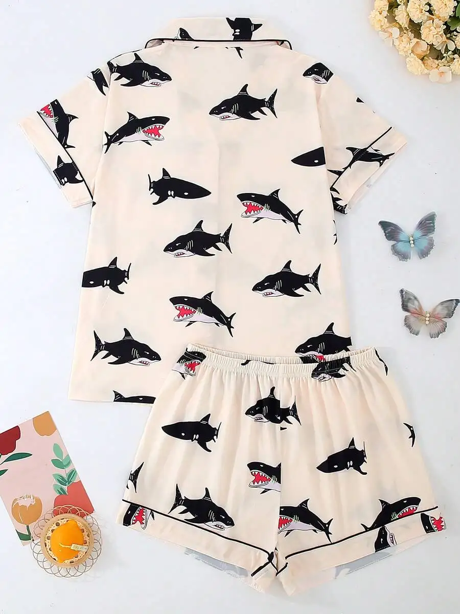 Women Short Sleeve Pajama Set With Shark Print Turn-Down Collar Loose Fit Comfortable Sleepwear