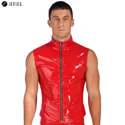 Men Shiny PVC Patent Front Zipper Sleeveless Jacket Coat Stand Collar Vest Tops Bodycon Waistcoat Rock Festival Party Clubwear