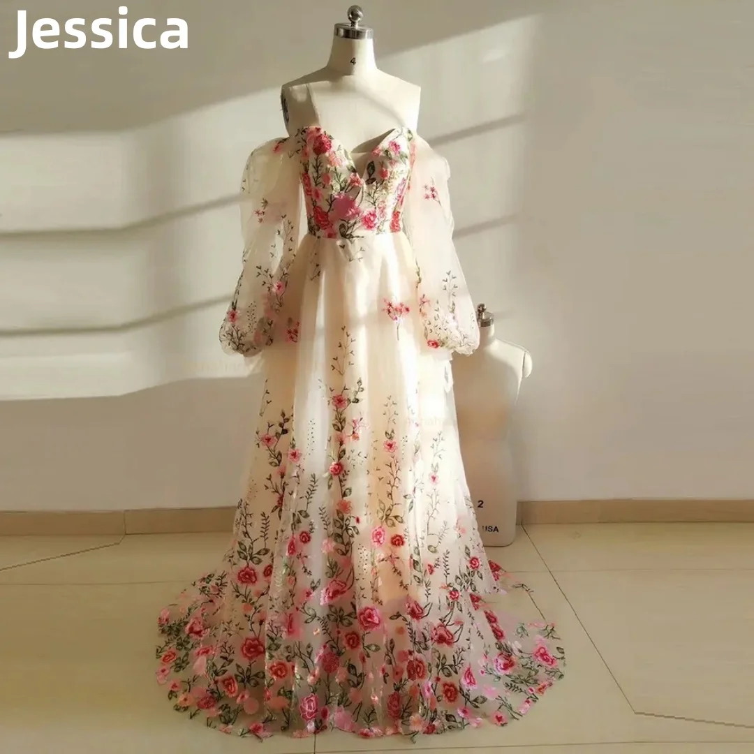 

Jessica Embroidery Prom Dress Fairy Puff Sleeve Tulle Evening Dress Elegant Lady Party Dress Formal Occasions Dress Customized