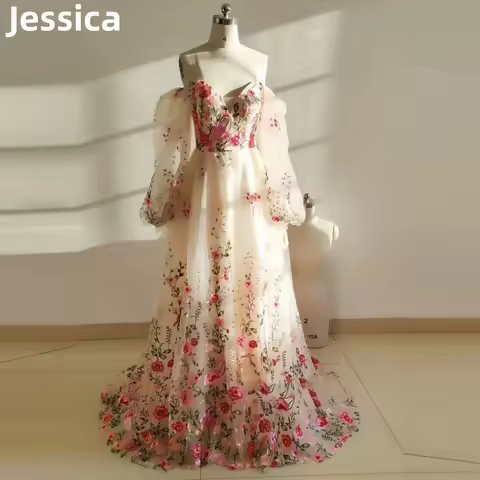 Jessica Embroidery Prom Dress Fairy Puff Sleeve Tulle Evening Dress Elegant Lady Party Dress Formal Occasions Dress Customized