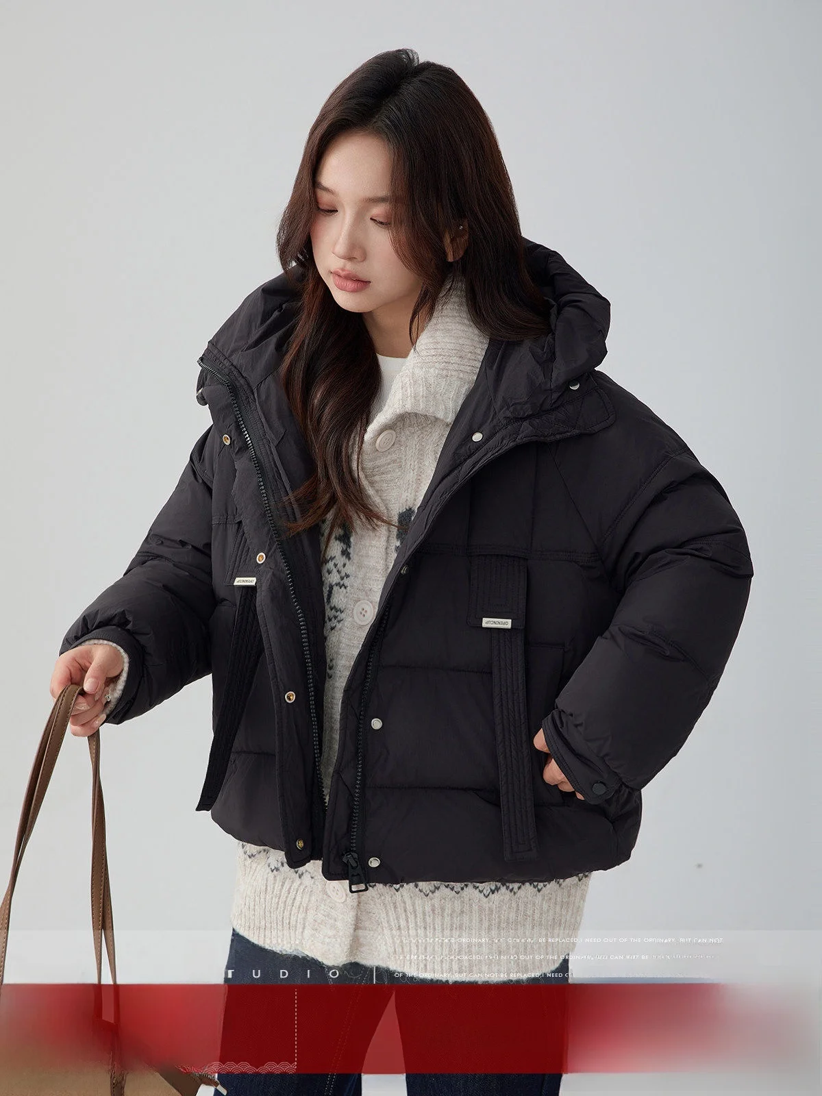 

MoZa ort Hooded down Jaet Women's Bla Du Feather Warm Coat Commute Sle Pure Color Winter New Arrival