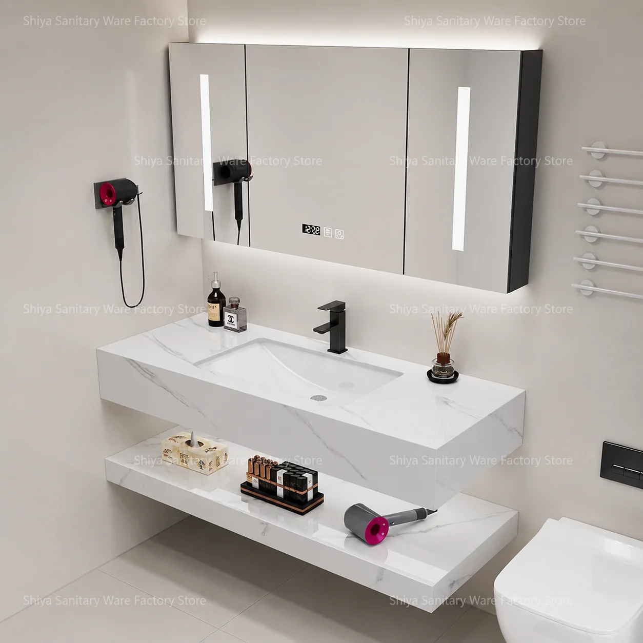 Modern Wall-mounted Bathroom Vanity Set with Ceramic Basin, Smart LED Mirror Cabinet, Floating Rack