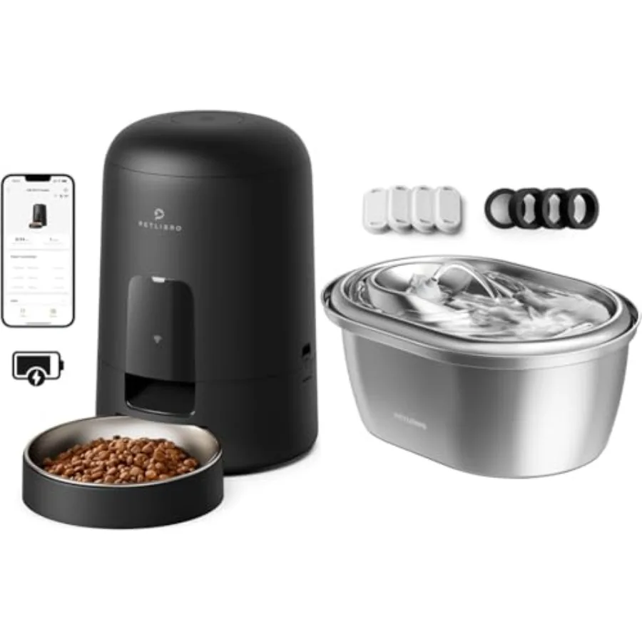

Automatic Cat Feeder Wi-Fi Rechargeable Battery-Operated 30-Day Life 2.4G Wi-Fi 2L Black + Stainless Steel Cat Water Fountain 1