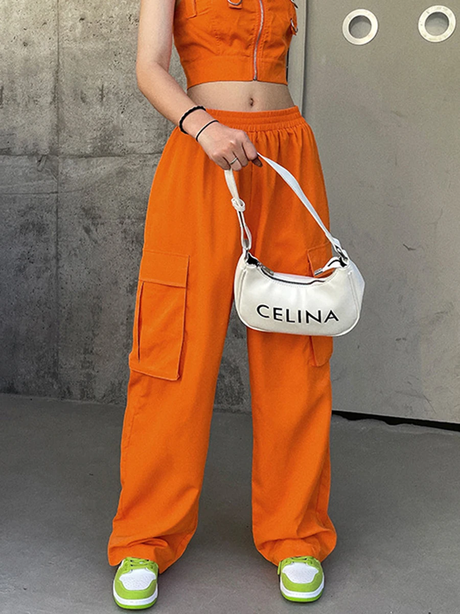 

Women Baggy Cargo Pants Elastic Waist Parachute Pants with Multiple Pockets Y2k Straight Wide Leg Jogger Pants Streetwear