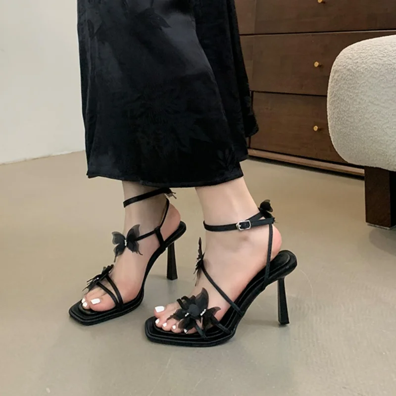 2024 Summer Women's Pumps Fashion Square Toe Butterfly Thin Strap High Heel Sandals Party Dress Wedding Shoes