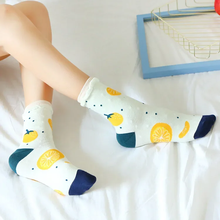 Female Socks Japanese New Product Cartoon Fruit Strawberry Orange Women's Cotton Mid Tube Socks Bubble Mouth Korean Socks