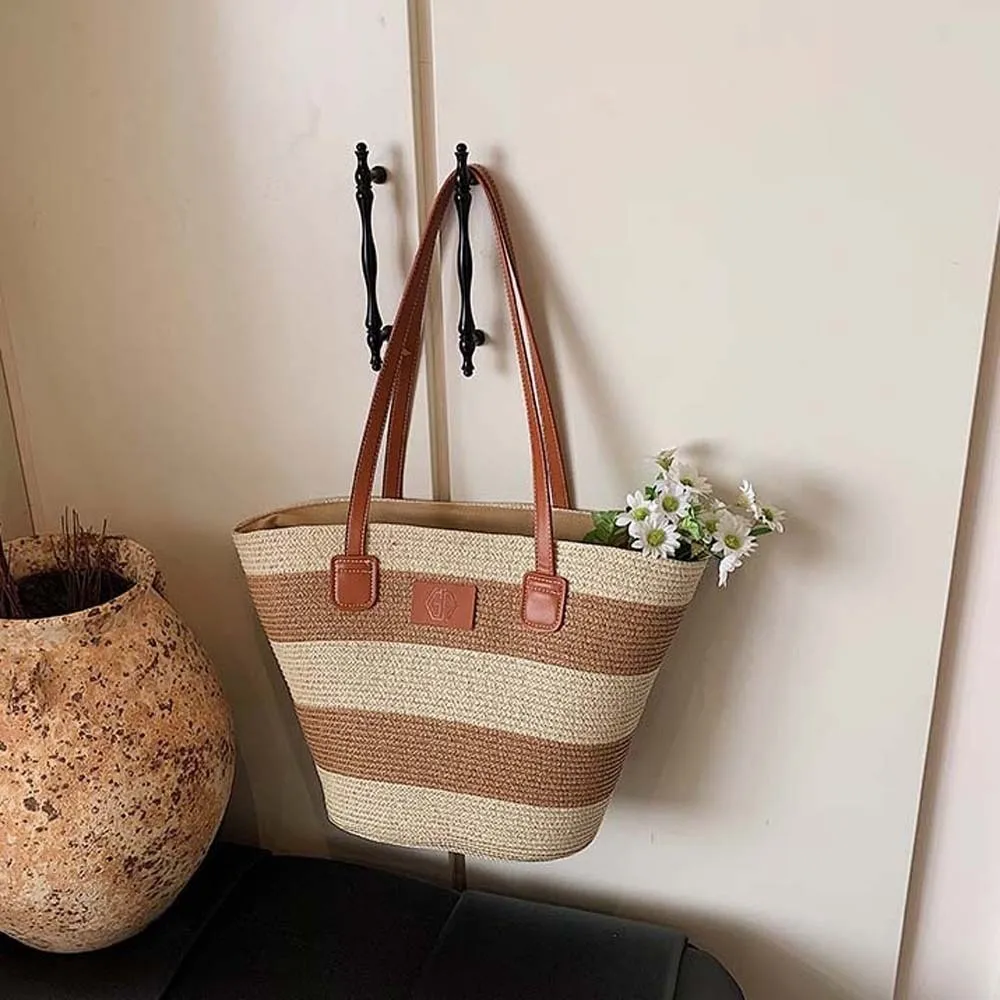 Large Capacity Stripe Woven Tote Bag Polyester Lightweight Shopping Straw Bag Contrast Color Leather Summer Beach Handbag