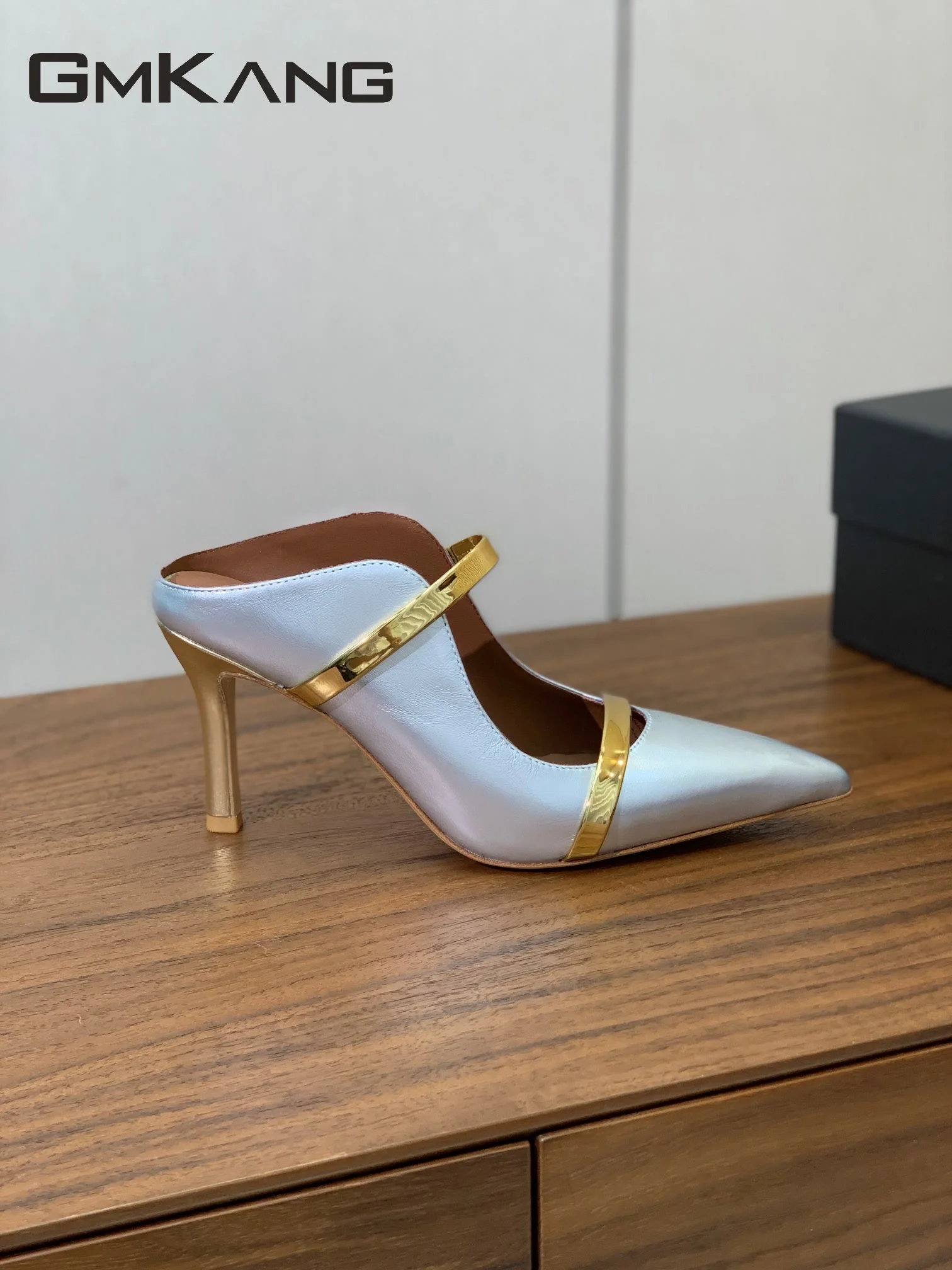 Women Leather Pointed Toe Mules Double Thin Strap Stiletto Heel Slides Elegant Office Wedding Party Slip On High Heel Sandals 4