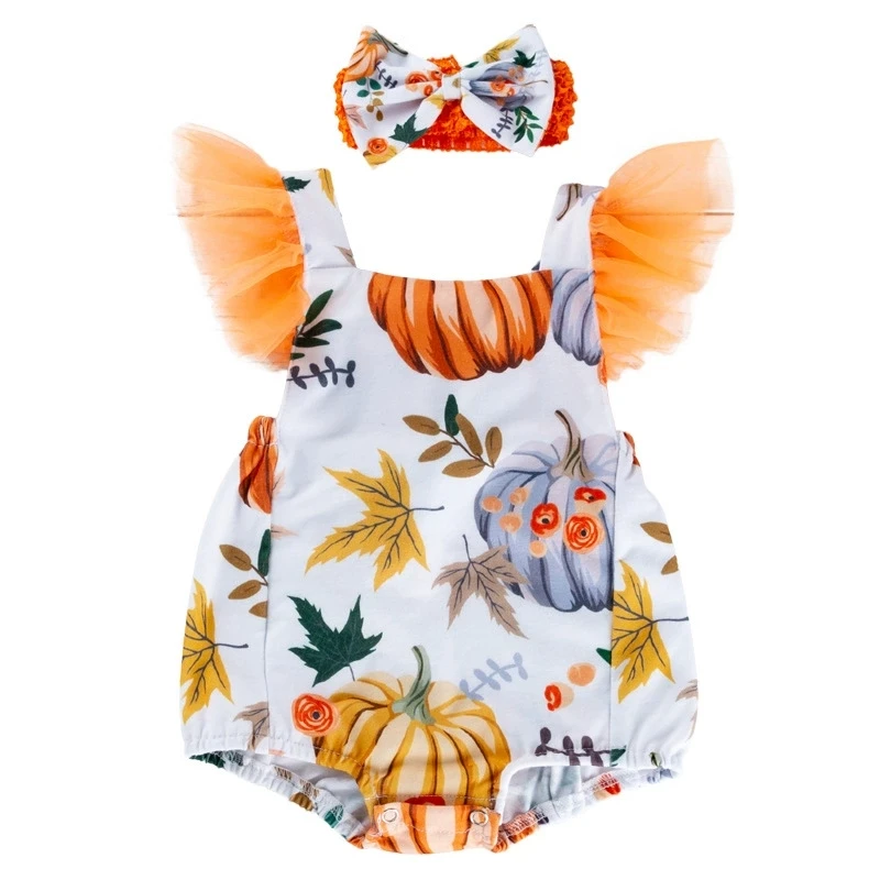

Newborn Halloween Costume Baby Backless Pumpkin Bodysuit+Headband Baby Maple Leaves Romper Child Girl Thanksgivig Ropa 0-2 Years