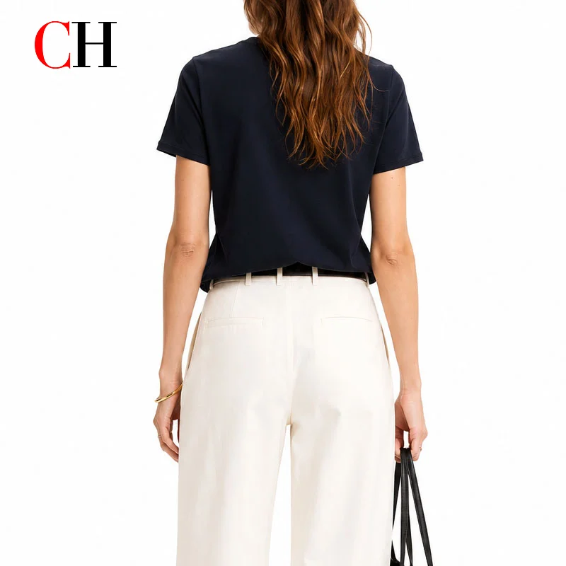 CH Square Floral Embroidered Slim Fit T-Shirt  Women Crew Neck Short Sleeve Premium Casual Top