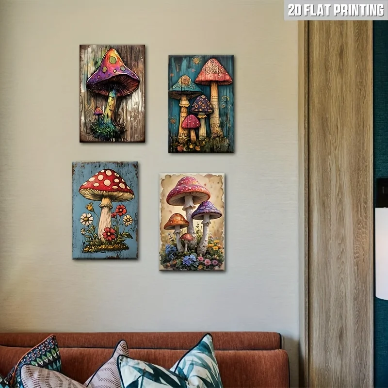 4pcs Vintage Mushroom Wall Art Metal Signs, Decorative Plaques& Signs, Retro 2D Flat Printed Nature& Botanical Decor For Kitchen