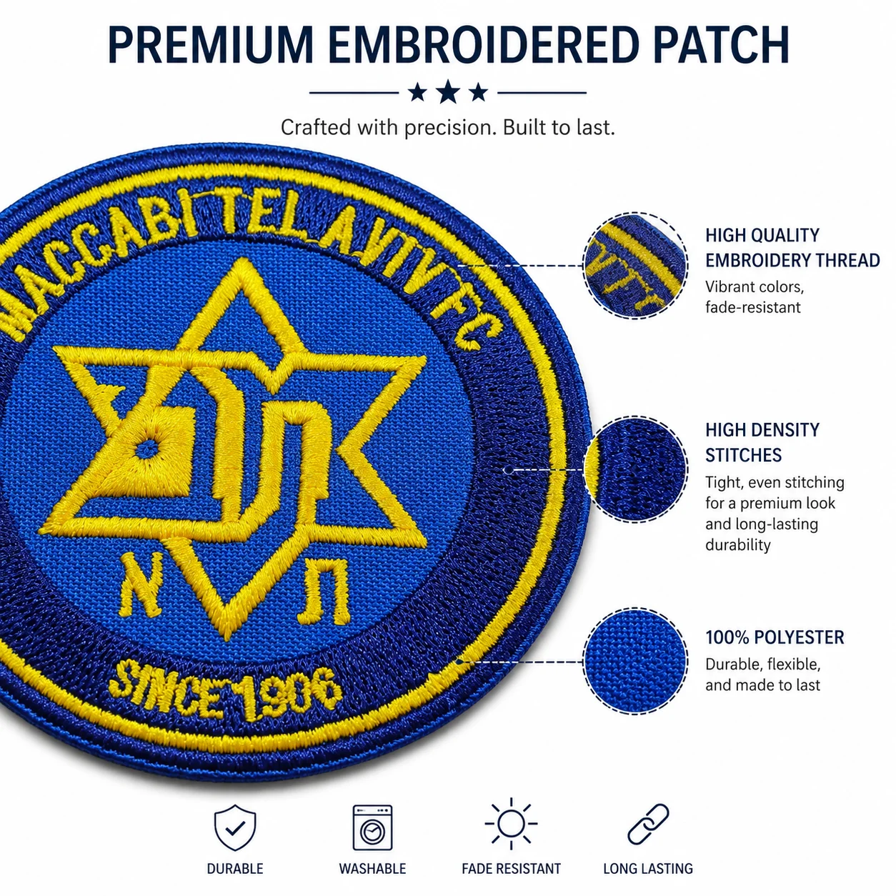 Embroidered Patch מכבי תל אביב Football Athletic Morale Badge Hook and Loop for Clothes Backpacks Hats & Everything