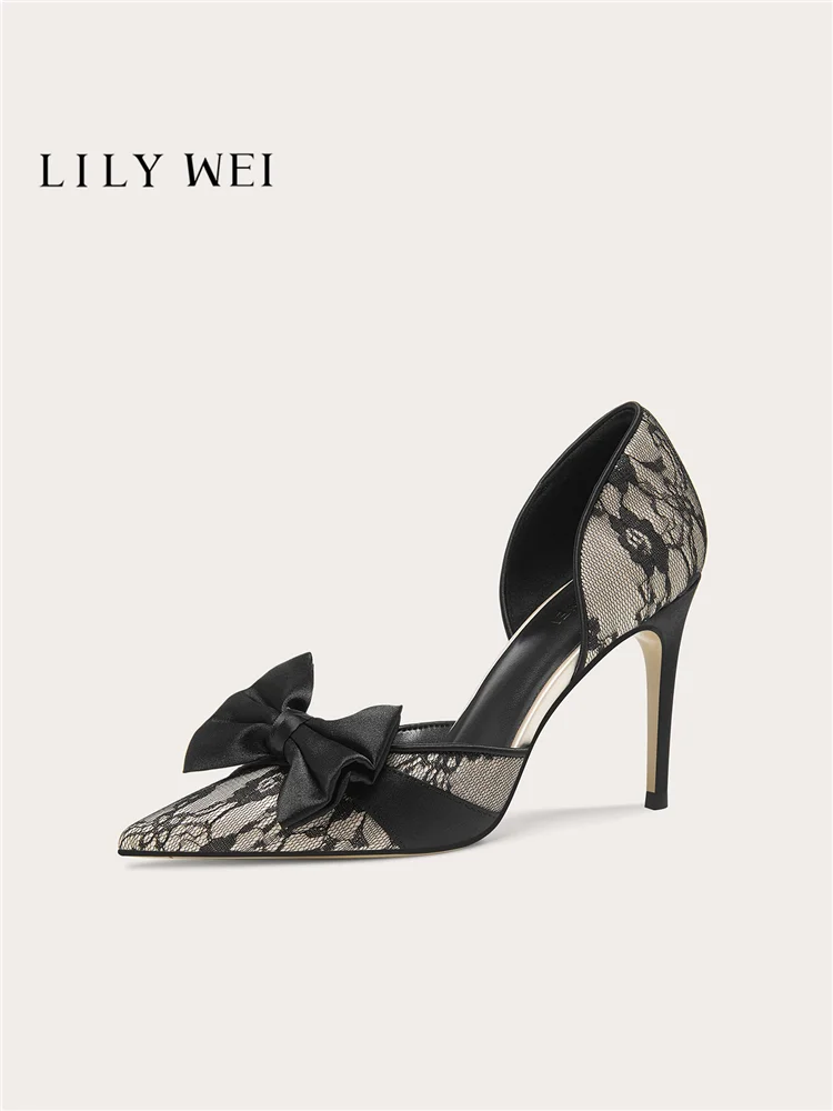 Spring and summer new pointed hollow lace mesh bow sandals banquet dress large size small size widened high heels women's shoes