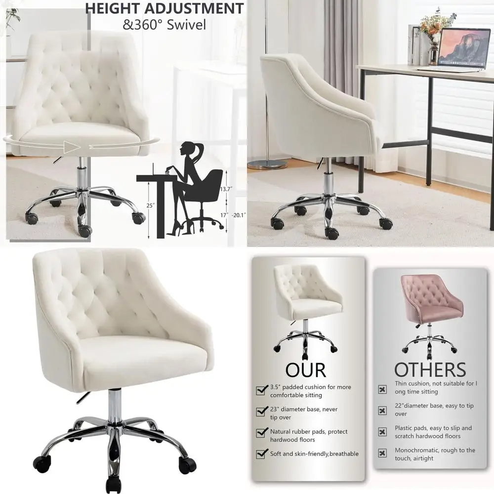 Luxurious White Swivel Vanity Chair with 360° Rotation and Adjustable Height for Chic Office Spaces